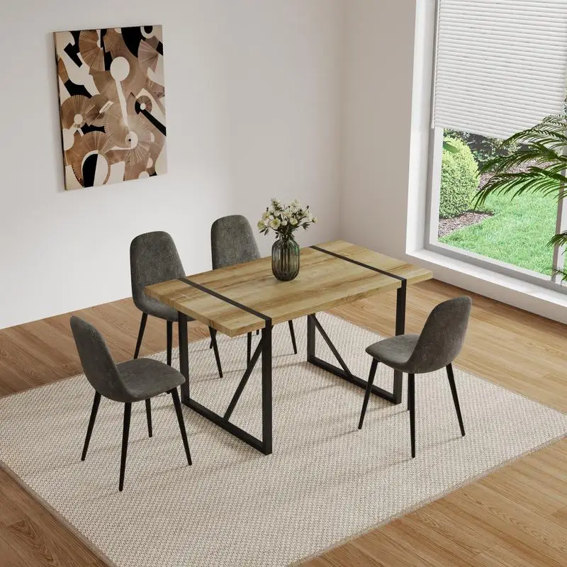 55" MDF Dining Table & Set of 4 Modern Chairs, Mid Century Wood Kitchen Table with Metal Base & Leg, Suede Upholstered Dining