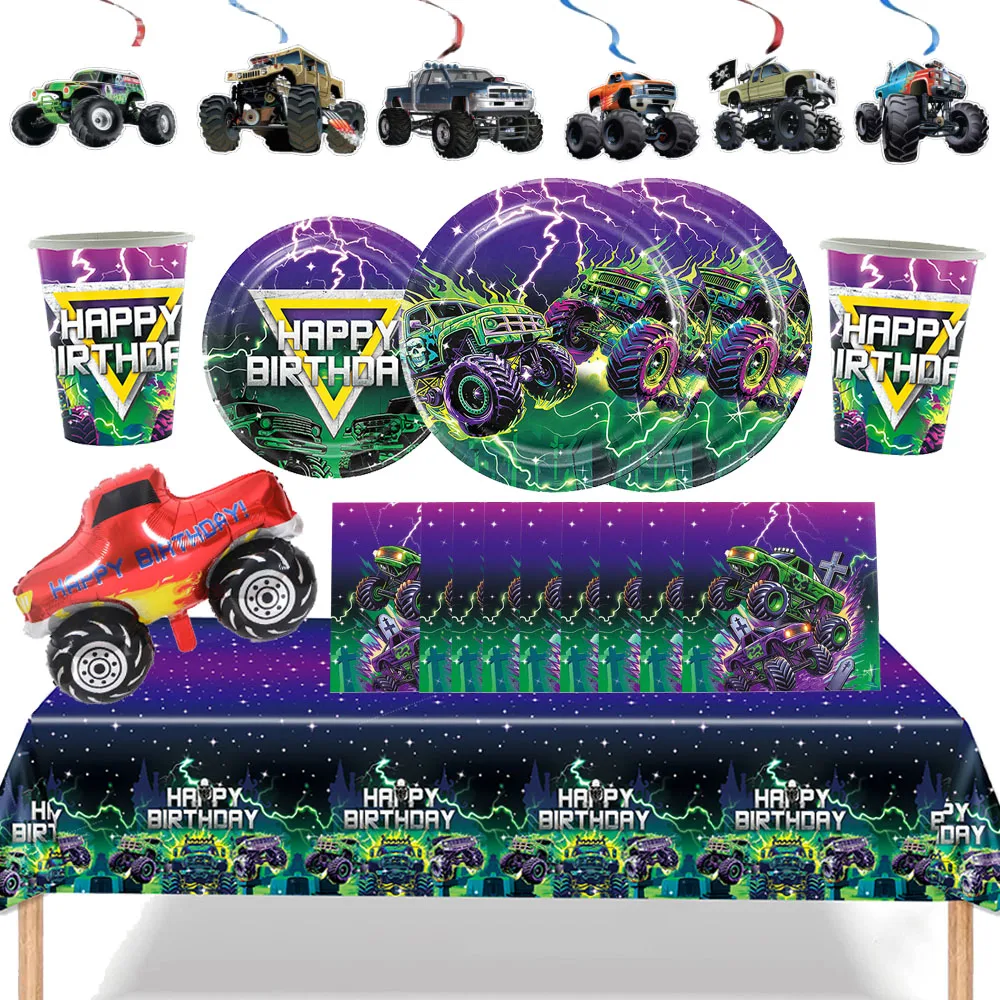 Monster Truck Racing Disposable Tableware Kid Birthday Table Decorations Paper Plate Cup Napkin Monster Truck Wheel Tire Balloon