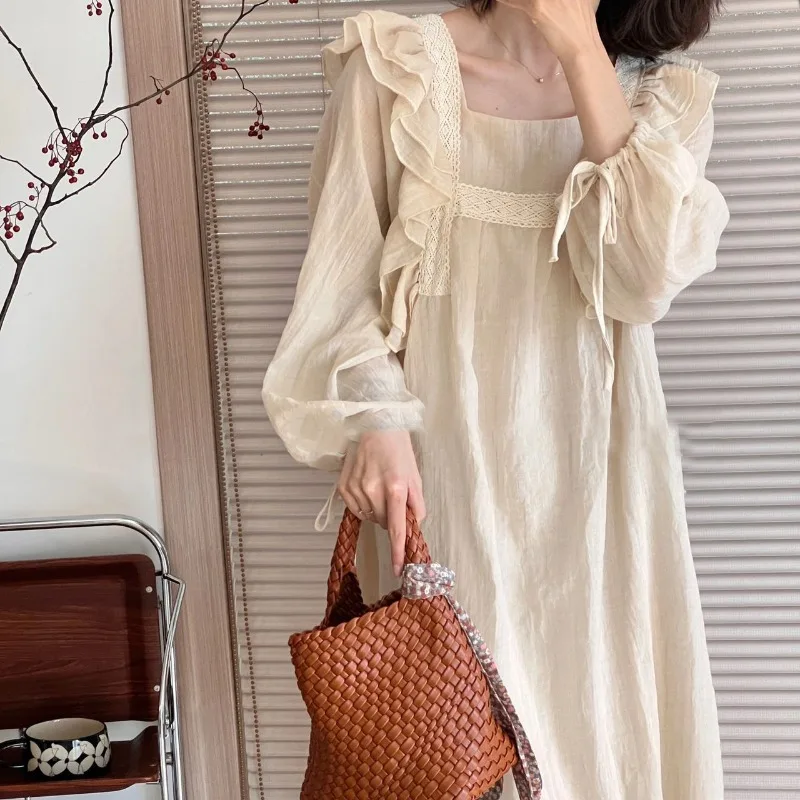 Lace Nightgowns Women Long Sleeved Patchwork Square Collar Sweet Elegant Thin Summer Midi Breathable Ruffles Homewear