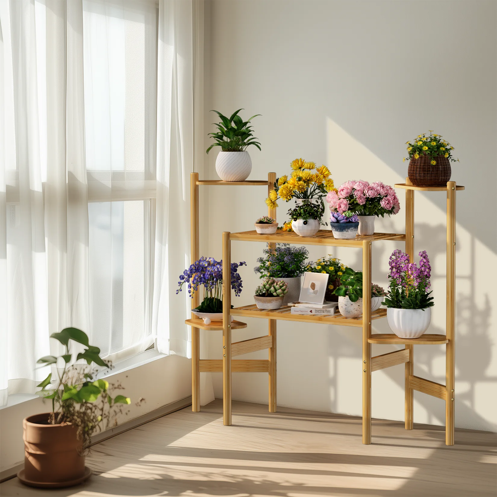 6 Tiers Bamboo Plant Stand Flower Display Shelf for Indoor Outdoor