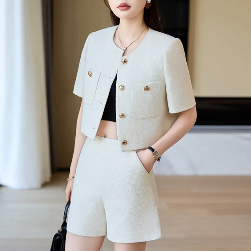 Luxury Blazer White Small Fragrance Short Sleeve Jacket Women\'s Summer Loose Thin Versatile Top Shorts Professional Black Suits