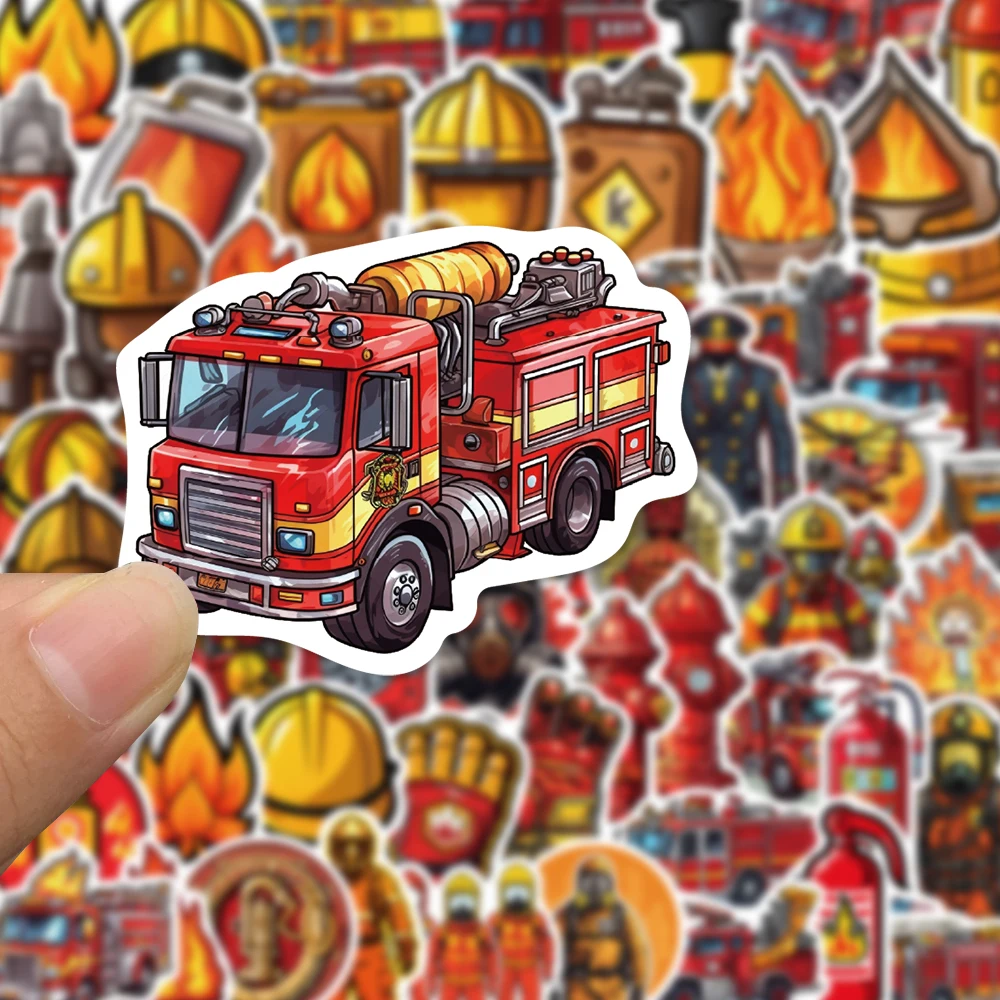 50Pcs Cartoon Firefighter Stickers for Water Bottle Fireman Waterproof Decals for Laptops Luggage Guitar Notebook Kids Toys