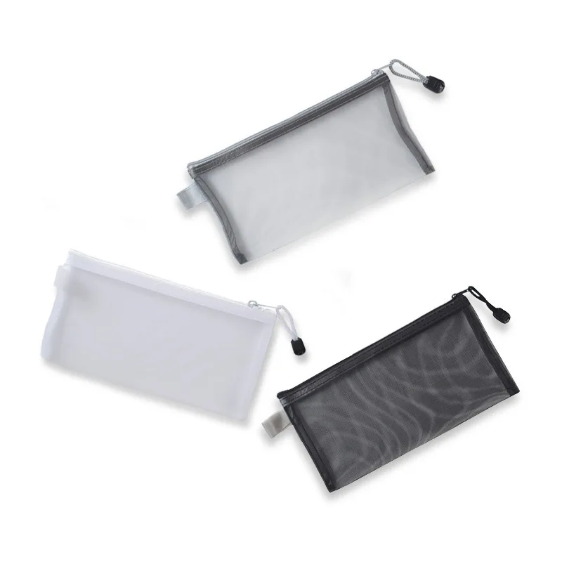 1Pc Simple Clear Mesh Pencil Bag Zipper Single Layer Stationery Cosmetics Organizer Pouch Travel Earphone Card Cable Storage Bag