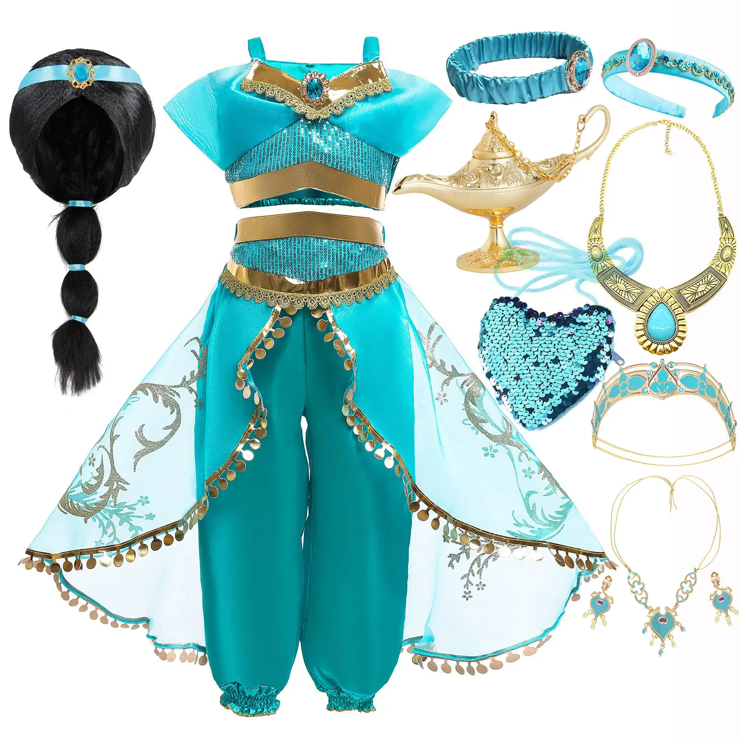 

Christmas Disney Costume Jasmine Aladdin Agic Lamp Princess Dress for Girl Cosplay Two-piece Set Clothing Festival Party