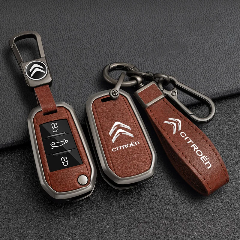 Zinc Alloy Leather Car Flip Remote Key Case Cover Protector Shell Durable Waterproof For Citroen C3 C4 CACTUS C6 C8 Accessories