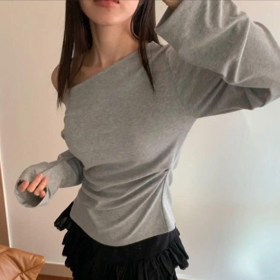 

Slim Fit Long Sve T-irt Women's oulder Bared Waist Cinched Slimming Cotton Spring Faion Chic Plain Color Everyday Wear