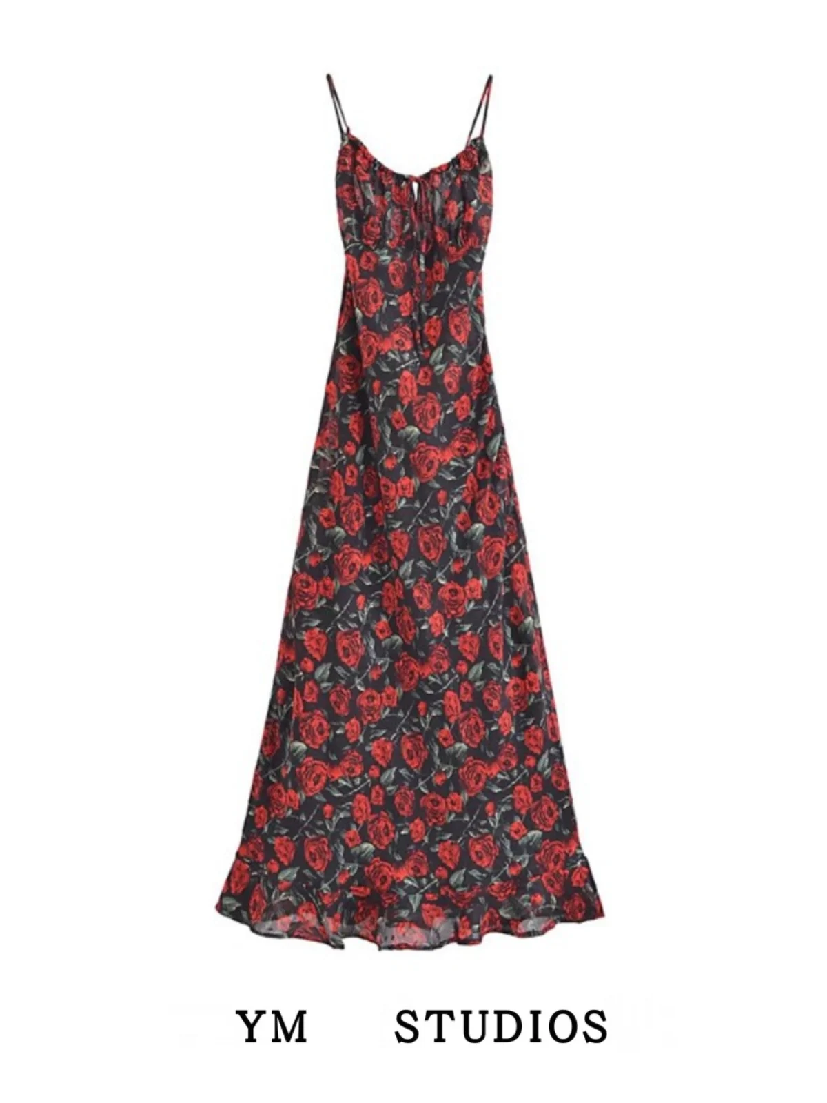 Bali Island Romantic Rose Floral Print Long Dress Sexy Backless Strapless Dress Trendy Women's Clothing Summer V-neck Street ...