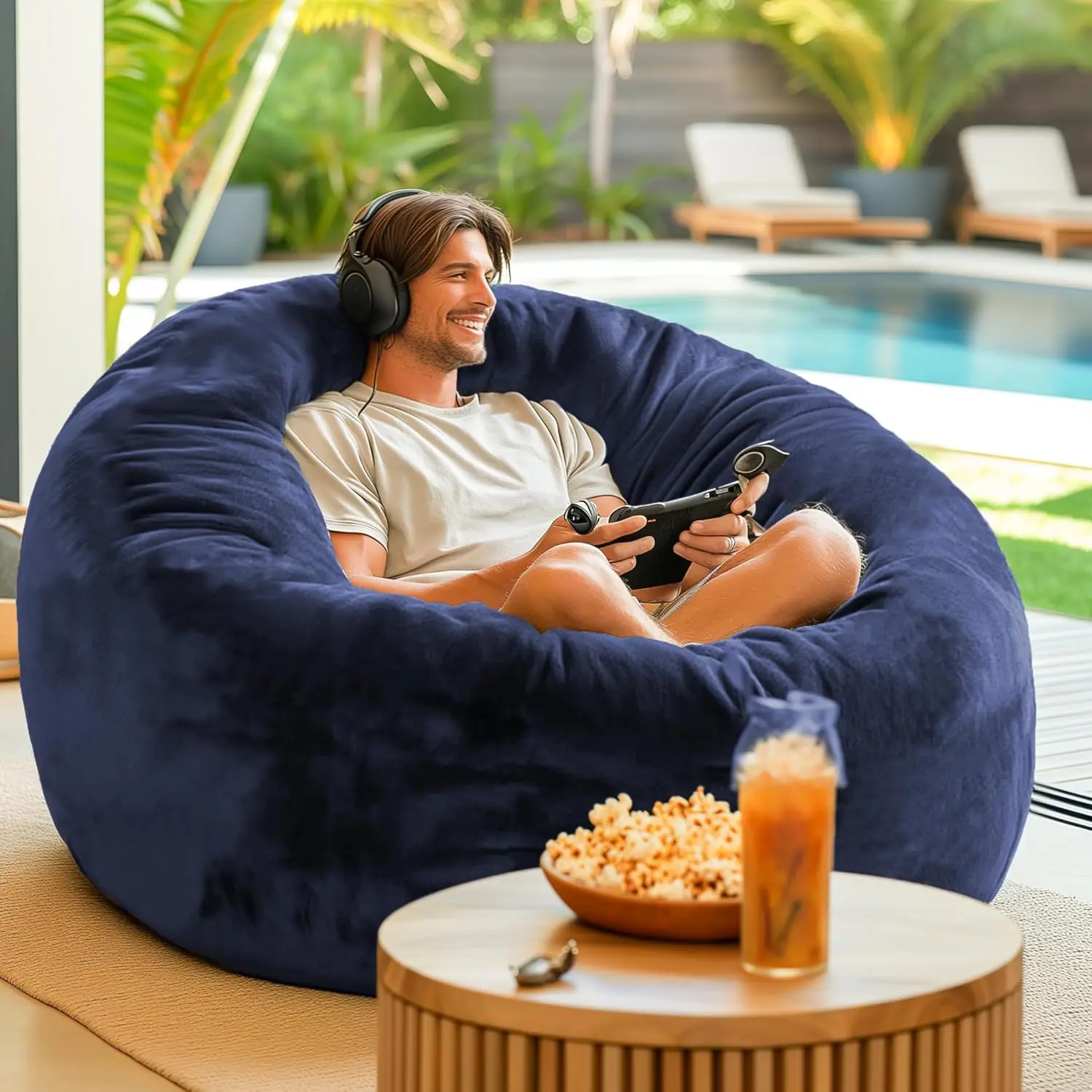 

4 FT - Comfy Large Beanbag Chairs for Adults, Memory Foam Added - Machine Washable and Soft Mink Bonded Cover - Blue, 4ft