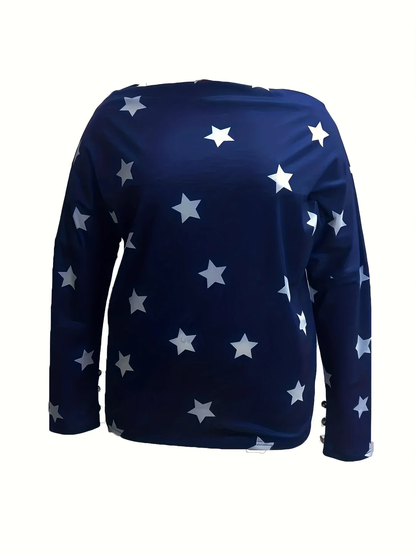 Women\'s Plus Size 1XL-5XL Ladies Casual Fashion Printed Long Sleeved Button Pullover Off Shoulder Star Print Loose Tops