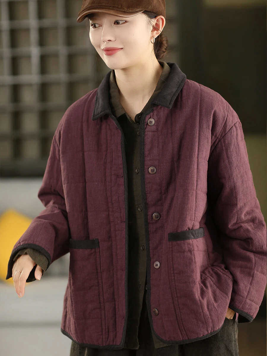 

Thiened Winter Vintage Silk Linen irt Coat Women's Patchwork Flannel Collar Cotton Warm Coat Cotton Clothes