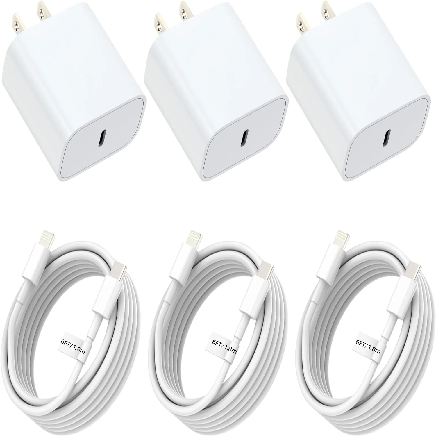 For iPhone Fast Charger 3+3Pack 20W USB C Wall Charger with 6FT Fast Charging Cable Compatible with iPhone 14/13/12/11/Pro/Pro