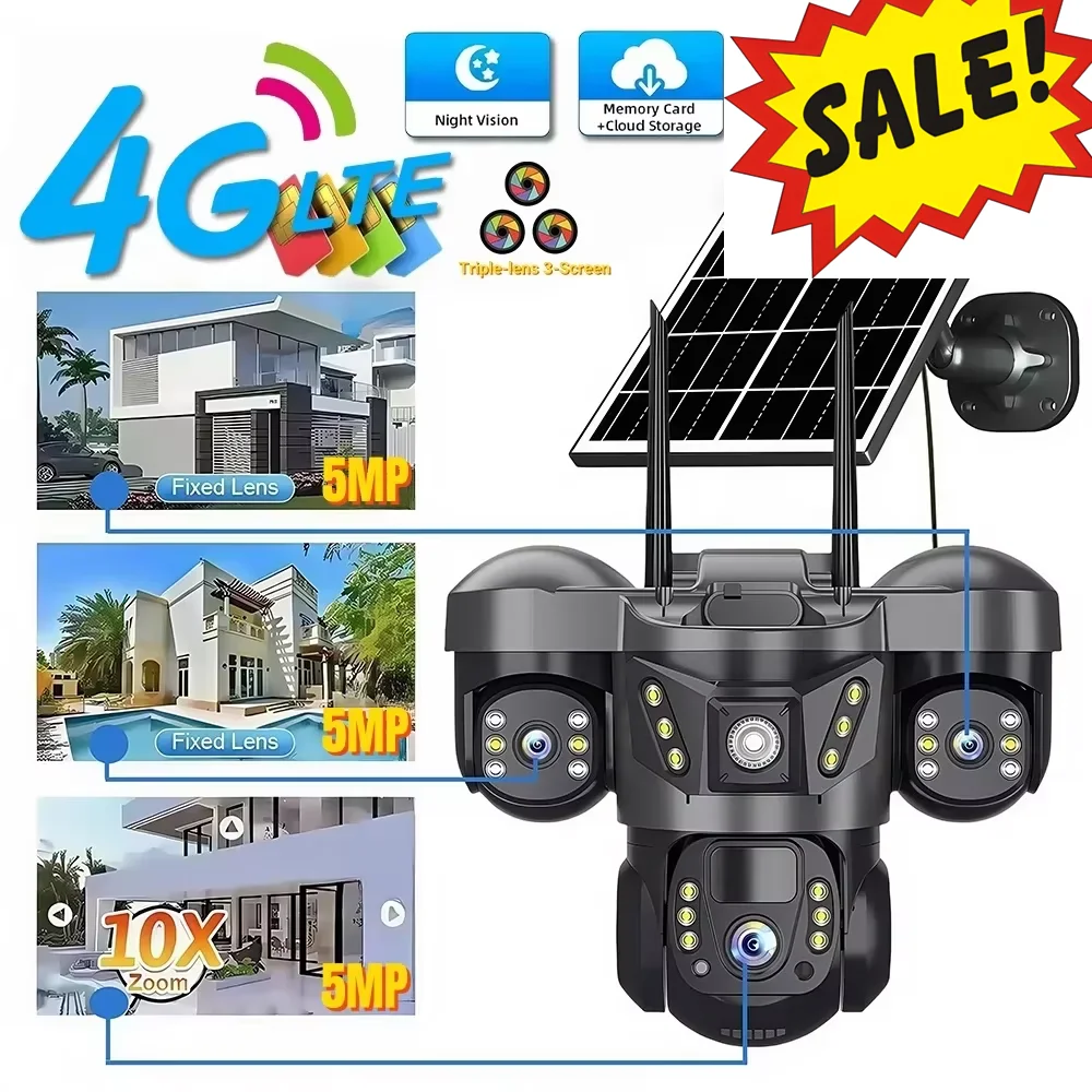 4G SIM Card Solar Camera Wireless IP CCTV 15MP HD Night Vision Outdoor Security Surveillance 360 Monitor