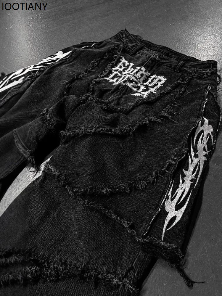 Vintage Zipper Patchwork Jean For Women Grunge Y2k High Street Black Jeans American Retro Punk Street Embroidered Raw Edge Pant