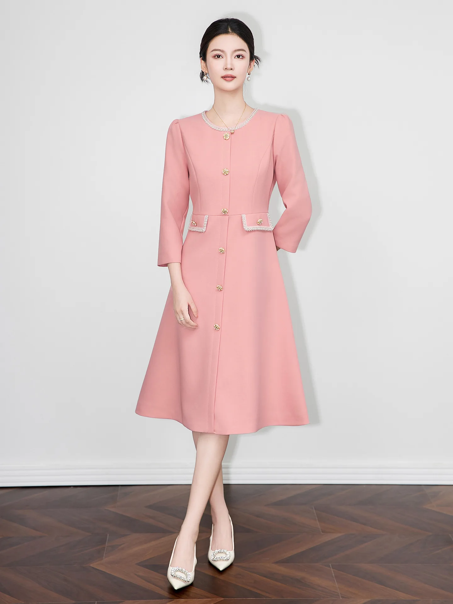 Zjyt nova moda beading midi vestidos para as mulheres outono 2025 designer manga longa sólido rosa aline casual vestido de festa