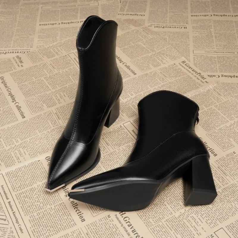 2025New Arrival Women Ankle Boots High Quality Casual Leather Boots Fashion Pointe High Heel Boots Plush Warm Women Winter Botas