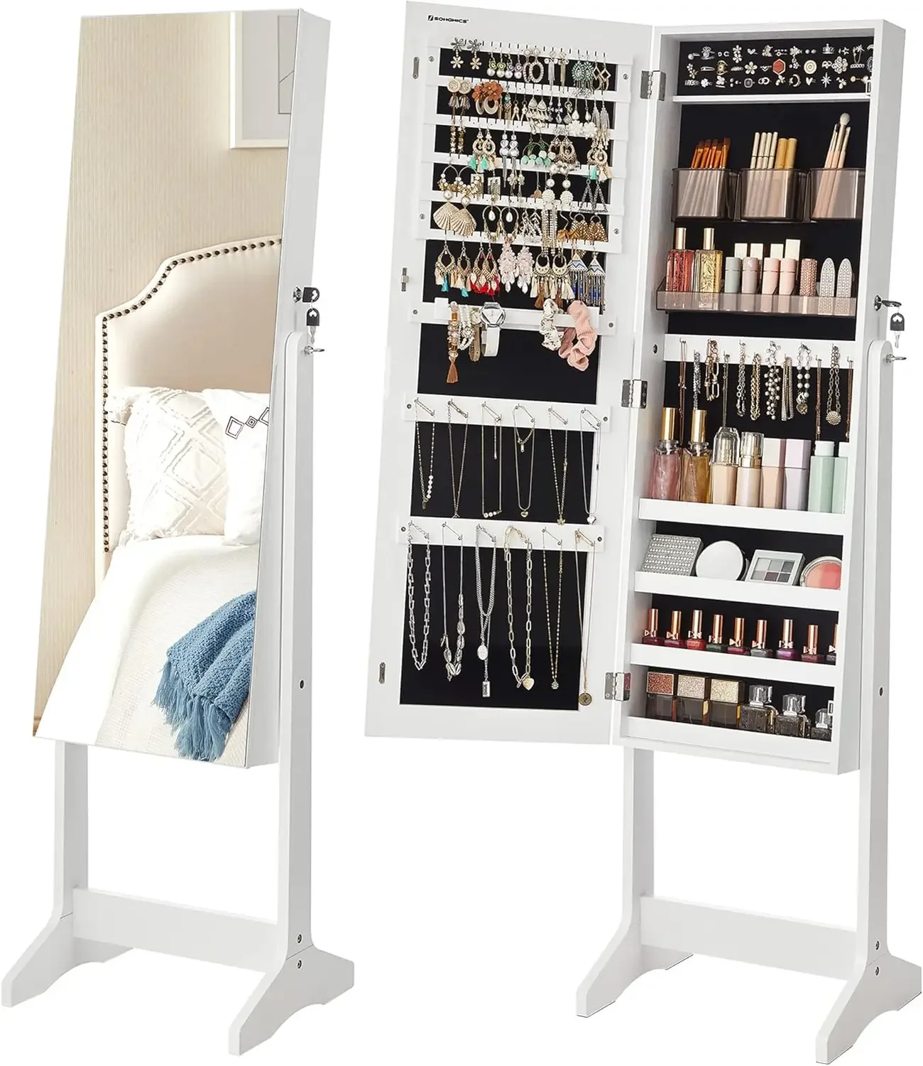 Jewelry Cabinet Armoire, Freestanding Lockable Storage Organizer Unit with 2 Plastic Cosmetic Storage, Full-Length Fram