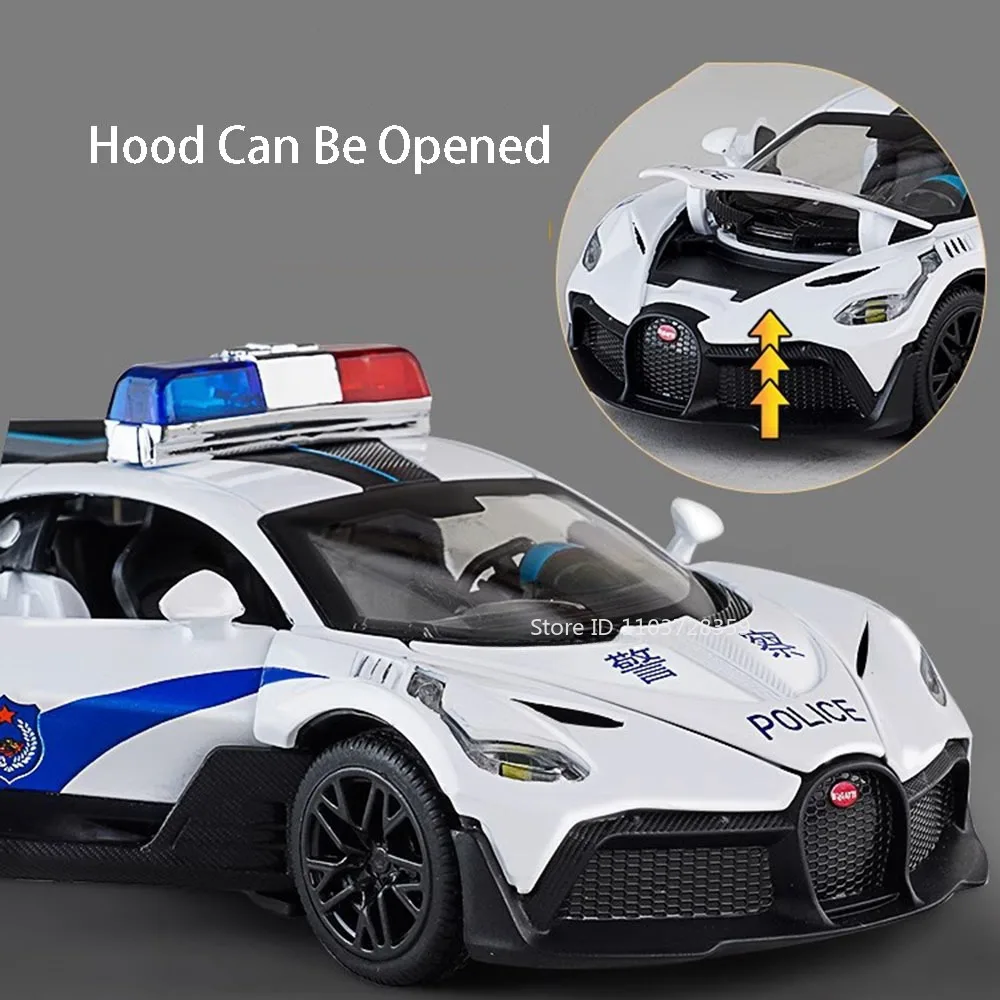 Modelo de coche de policía DIVO 1:32, juguetes en miniatura, coches deportivos fundidos a presión de aleación, puertas abiertas, luz de sonido, Mini supercares, regalos para niños