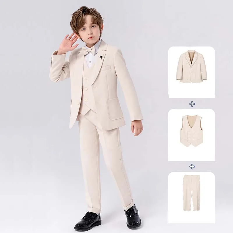 Children Formal Beige Piano Party Dress Kids Graduation Ceremony Photograph Suit Flower Boys Host Performance Dance Show Costume