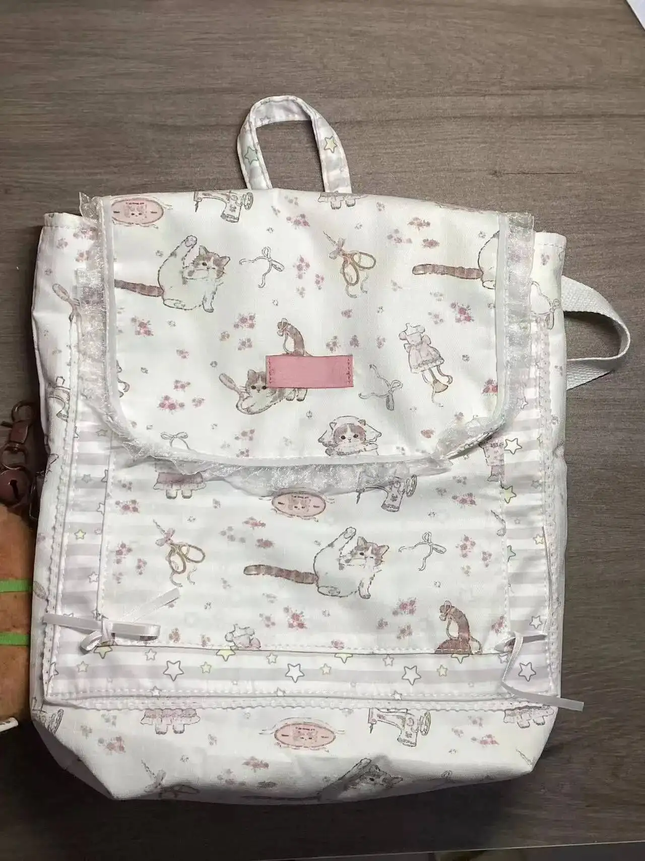 Bloom Sweet Cat Print Canvas Backpack Women Fairycore Aesthetic Lace Large Capacity Backpacks Girls Haruku Kawaii Mochila