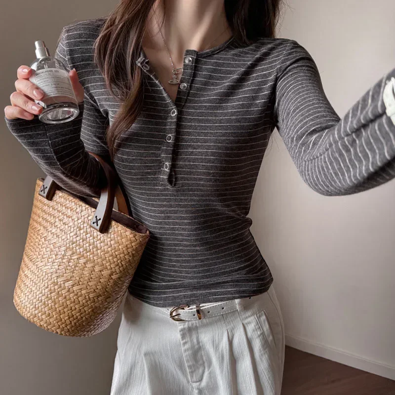 Striped Y2K Tops New Autumn Winter Women Simple Comfy Soft Basic Bottoming Long Sleeve T-shirts Korean Slim Fit Elastic Pullover