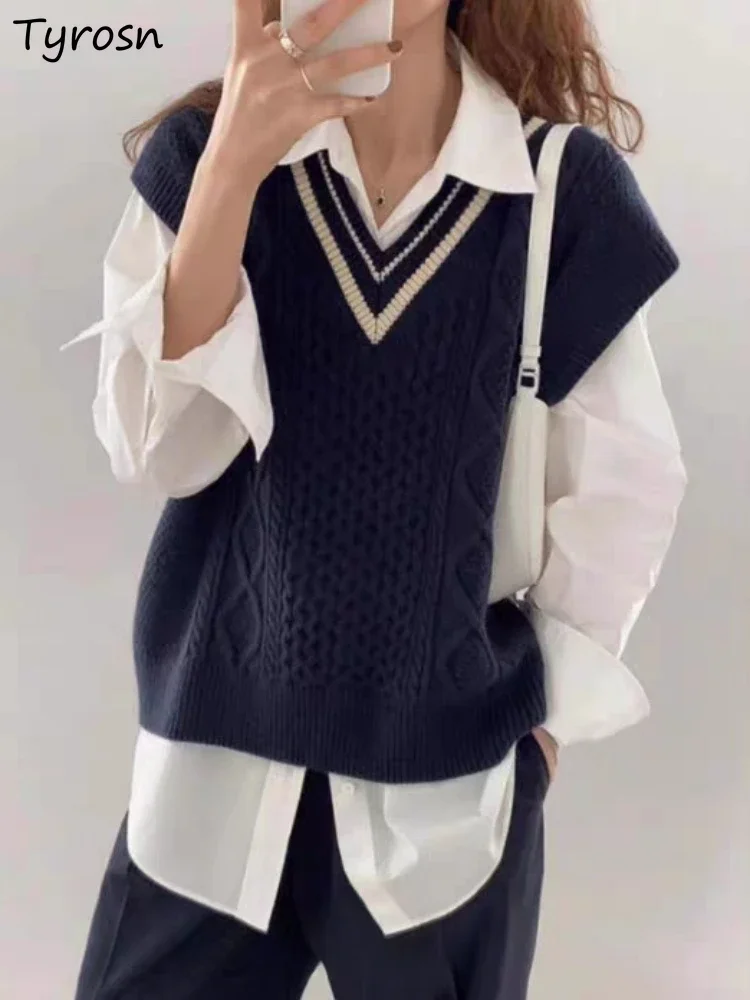 

Sweater Vests Women Cozy Preppy Style Classic Students Knitted Korean Fashion Clothes Autumn Winter V-neck Panelled Harajuku Y2k