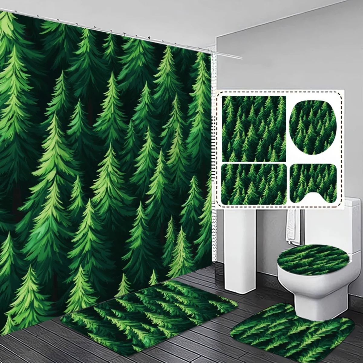 

4 шт., свежий и удобный уникальный лесной дизайн, занавеска для душа и нескользящий впитывающий коврик для ванной, набор для декора ванной комнаты Exqui
