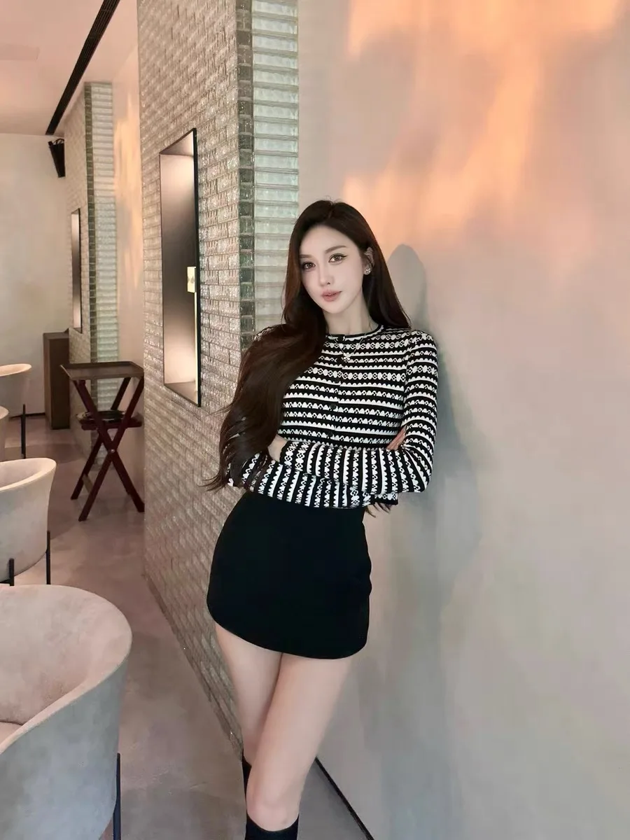 韓国ストライプニットセーターカーディガン女性秋冬長袖 O ネックシングルブレストスタイリッシュなシックなレディースジャンパートップス
