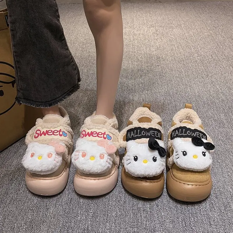 New Hot Winter Cotton Shoes For Women Home Casual Fashion Hello Kitty Slippers Non-Slip Outdoor Increase Soft Sole Flats Shoes