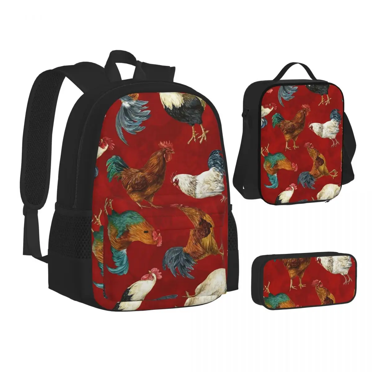 Chicken Animal Chicken Theme 10 Backpacks Students Bookbag School Bags Kids Rucksack Lunch Bag Pen Bag Three-Piece Set