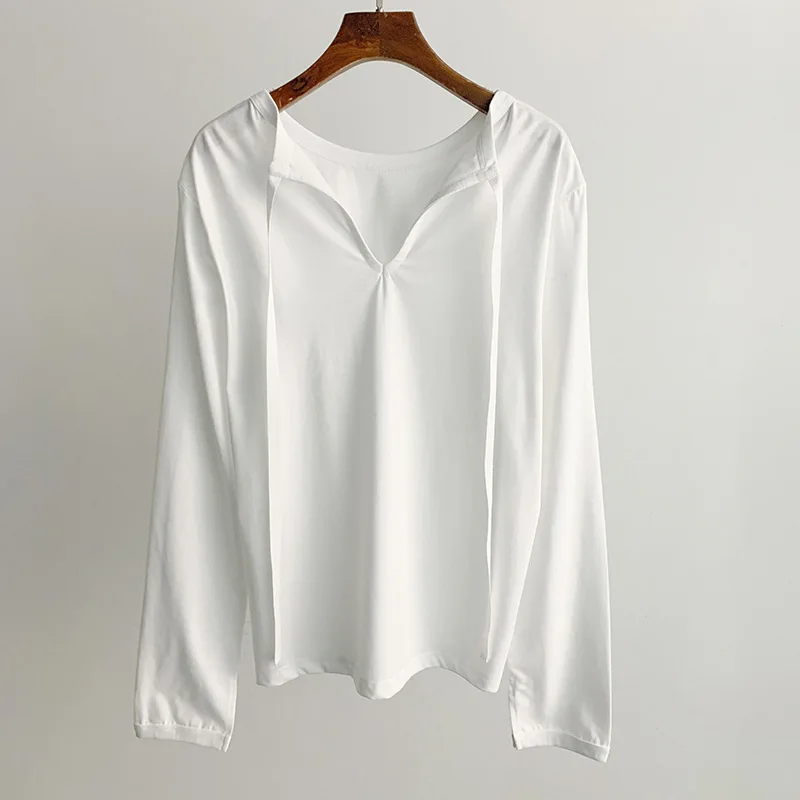 

2025 Fashionable Reversible Double Collar Ribbon Straight Shoulder Simple Straight Long Sleeve T-Shirt Top For Women