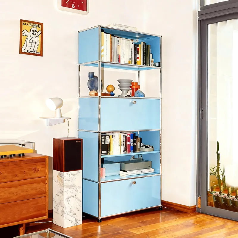 Stainless steel bookcase, antique living room floor-to-wall integrated module vertical cabinet