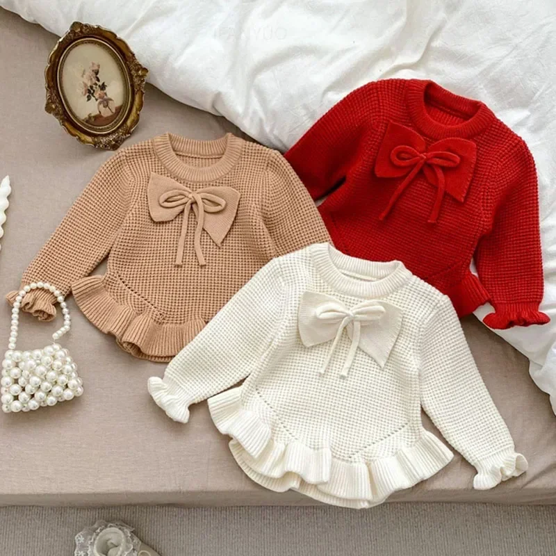 Spring Autumn Children Sweater Versatile Lotus Leaf Skirt Long Sleeved Bow Girls Sweaters Winter Korean Newborn Baby Knitted Top image 2