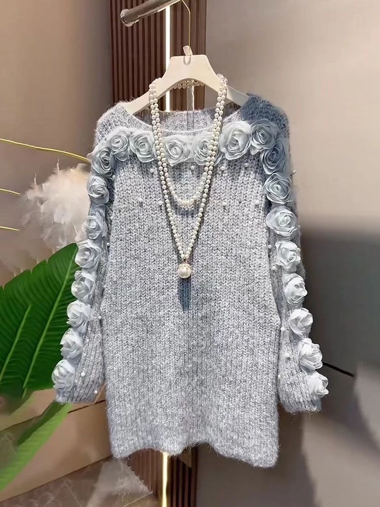Women Knit Dress Long Sleeve Hollow Out Rose Pattern Winter Warm Elegant Casual Loose Sweater Dress