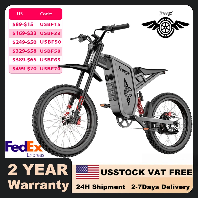 Freego دراجة ترابية كهربائية للبالغين X2 Pro دراجة نارية كهربائية محرك 6000 وات بطارية 1800 وات تعليق كامل 50 ميجا في الساعة دراجة إلكترونية للطرق الوعرة