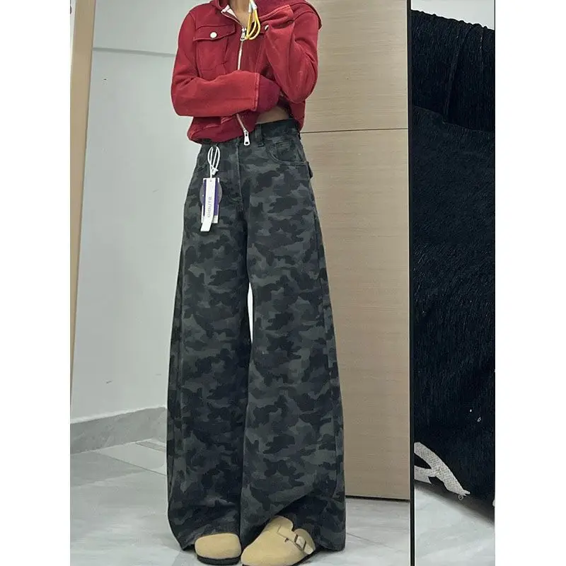 

Женские свободные узкие прямые длинные брюки с высокой талией в стиле ретро, американская уличная рабочая одежда, широкие камуфляжные джинсы