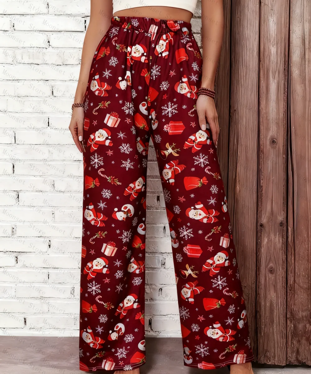 

2025 Autumn winter Women's Milk Silk Pajama Pants Christmas Cartoon Santa Claus Long Pants Loose Pajama Trousers Women Clothing