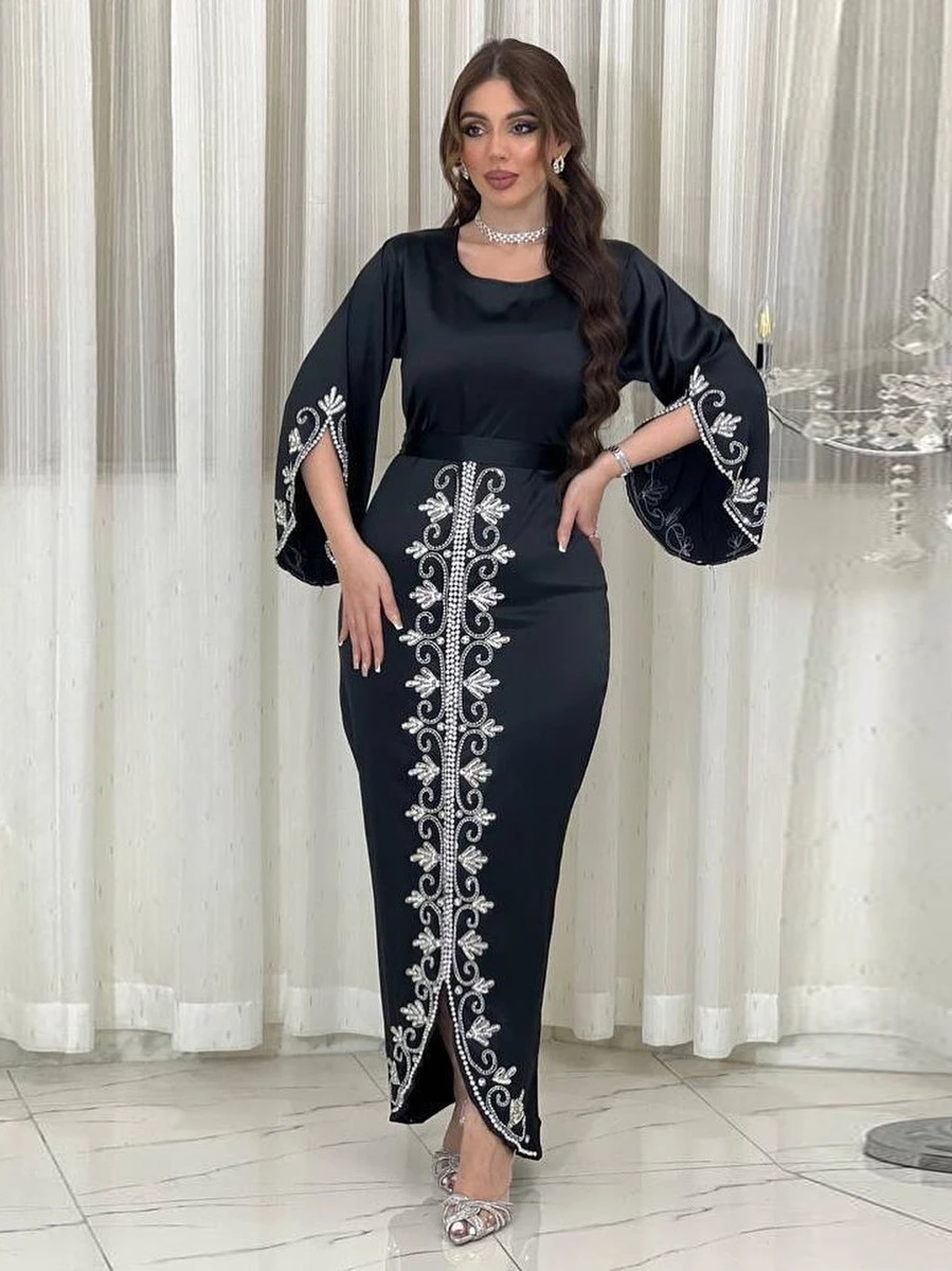 Eid Muslim Jalabiya Dress for Women Satin Abaya Morocco Party Dresses Woman Ramadan Diamond Kaftan Robe Longue Vestidos Largos