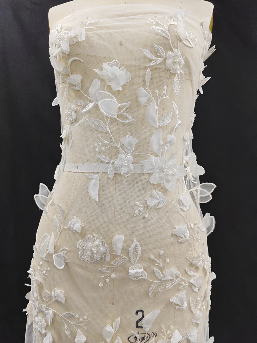 White lace three-dimensional flower bead embroidery fabric sewing fashion dress wedding dress evening dress DIY lace accessories