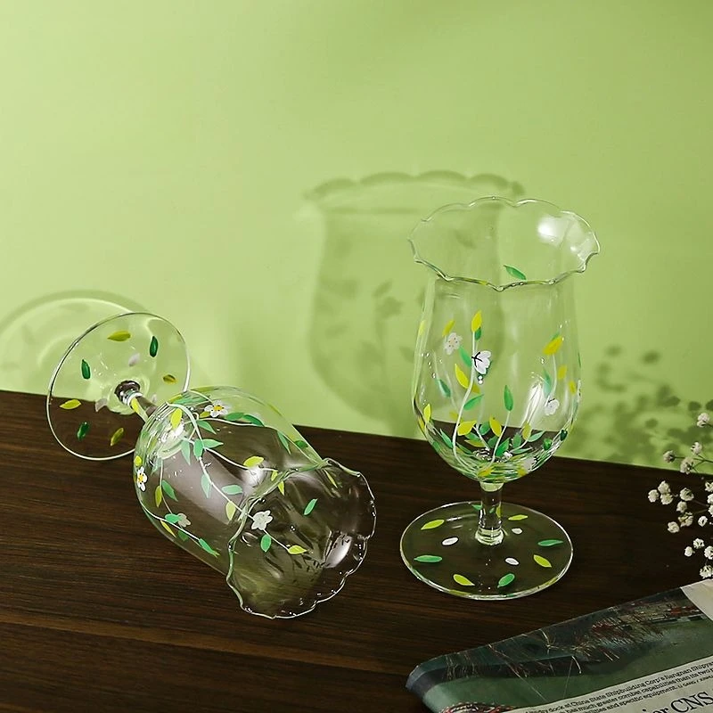 Spring Green Branch Transparent Glass Cup,High Footed Skirt Edge Wine Glasses,High-value Whiskey Cocktail Glass, Bar Accessories