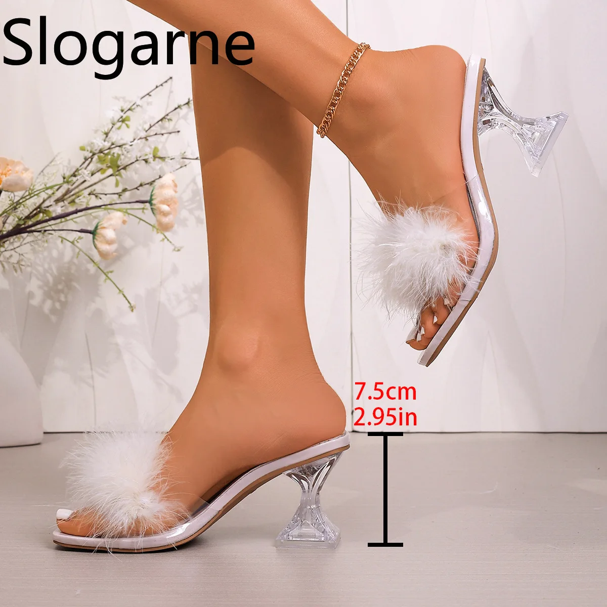 Fashion High Heel Sandals Women Faux Fox Fur Slippers Ladies Crystal Spike Heel Dress Party Pumps Girls Summer Shoes Fur Sandals image 6