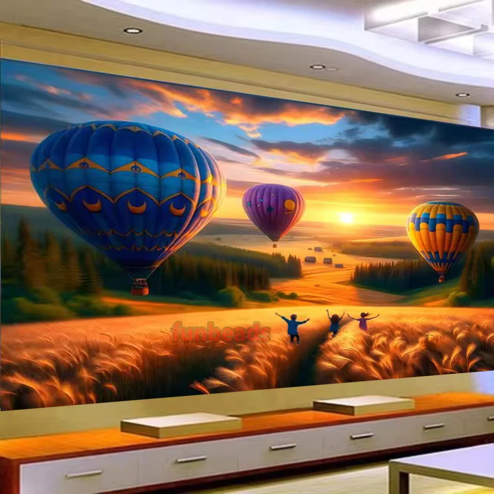 5D DIY large diamond painting hot air balloon children nature scenery wall art, full round diamonds, embroidery home decor