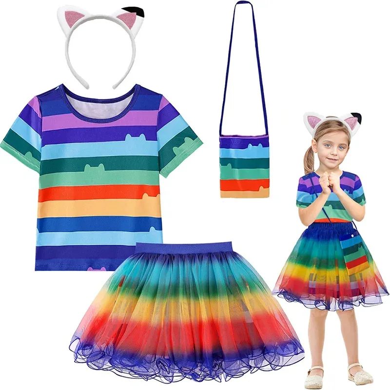 

Gabby Dollhouse Girl Rainbow T-Shirt+Tutu Skirt+Headband Set Halloween Carnival Cosplay Costume Kids Birthday Clothing 4-10 Year