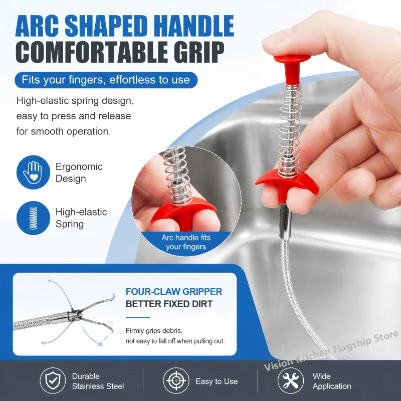 Flexible 4-Claw Drain Grabber, Multi-Purpose Manual Pipe Unblocker and Pickup Tool for Sink Toilet Sewer, Clog Remover Snake