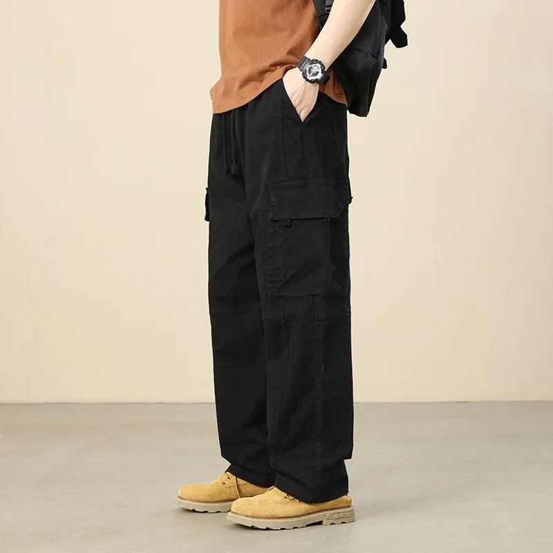 Men's Spring Autumn Solid High Waisted Drawstring Shirring Bandage Pockets Elastic Workwear Wide Leg Loose Casual Sports Pants