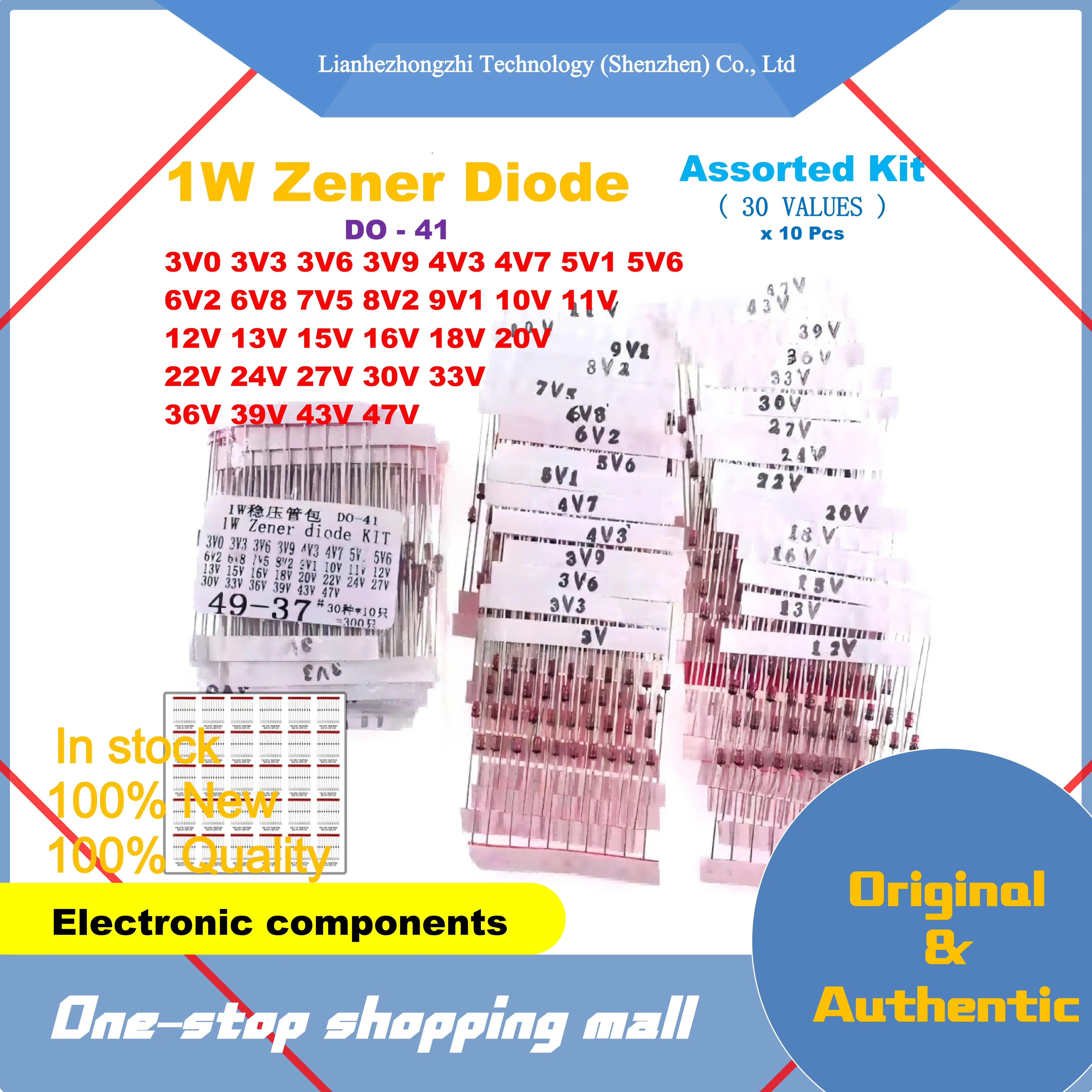 

30 Values 1W Zener Diode Assorted Kit DO41 DO-41 3V 3.3V 3.6V 5.1V 5.6V 7.5V 10V 12V 13V 15V 16V 18V 20V 22V 24V 30V 33V 47V Set