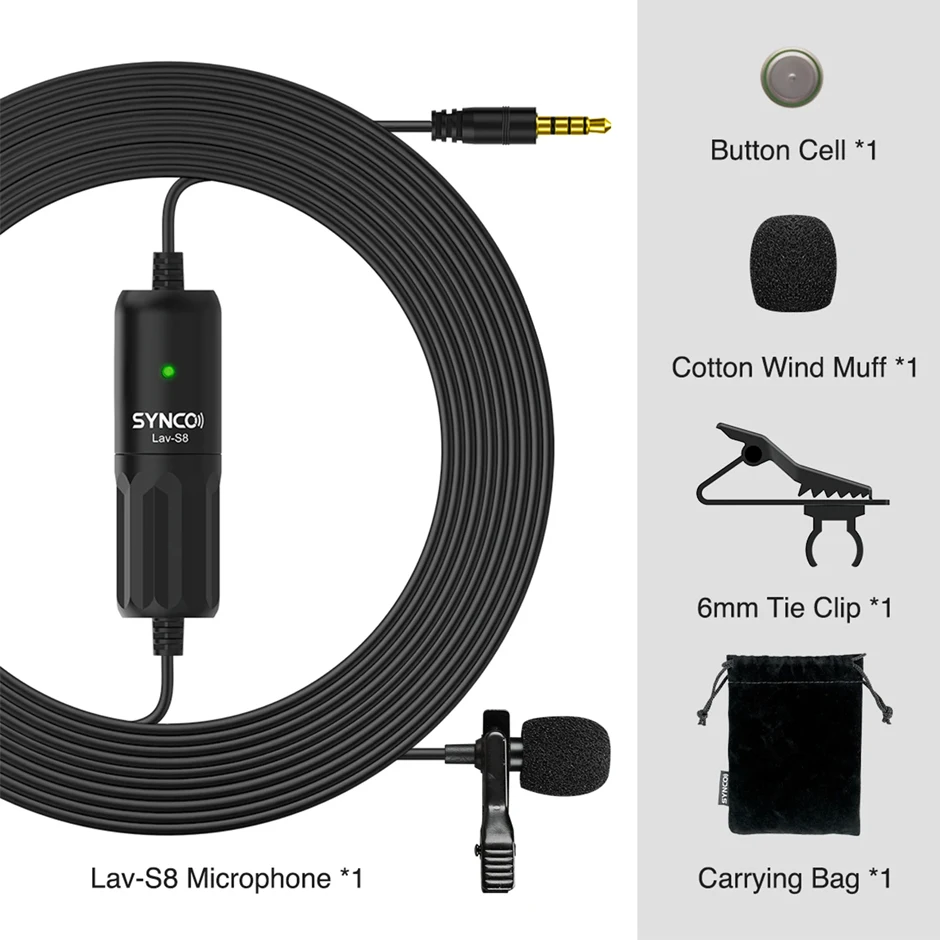 ميكروفون Synco Lav-S8 Lavalier بمشبك متعدد الاتجاهات وطية صدر السترة لتقليل الضوضاء والزوج التلقائي