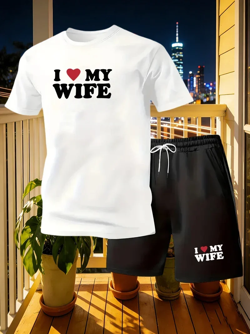 I Love My Wife Men's  Outdoor Sportswear Set Casual Set Street Fashion Short Sleeve T-shirt Shorts Harajuku Retro Men's Wear 3XL