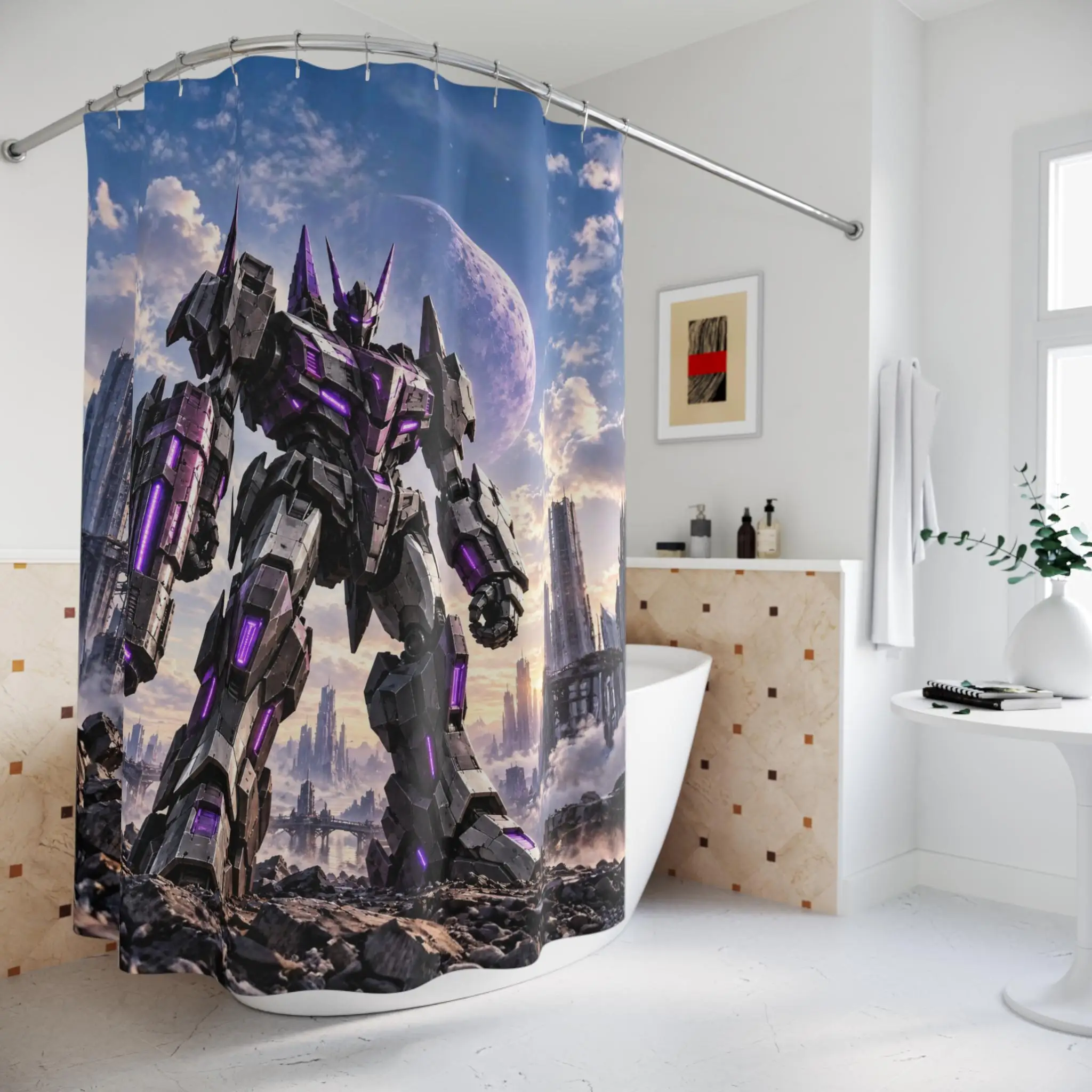 Epic Mecha Robot Cityscape Shower Curtain Waterproof Bathroom Decor Anime SciFi Art Print