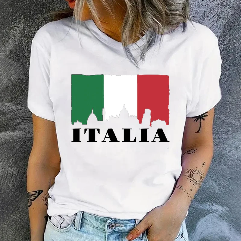 Italian flag print creative design women\'s T-shirt top summer round neck short sleeved fashionable graphic t shirt