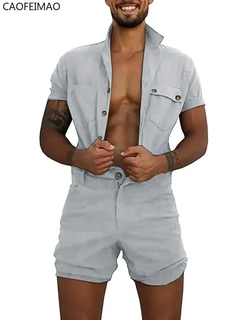 Men Jumpsuit Tight Short Sleeve Bodysuit Sexy Zipper Lapel Slim Tie-up Rompers Casual Short Pants Homewear Jumpsuit Mens Pajamas